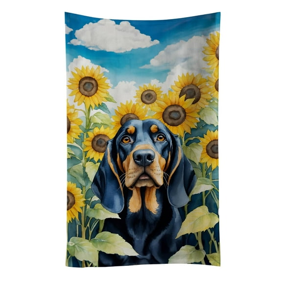 Black and Tan Coonhound in Sunflowers Kitchen Towel 15 in x 25 in