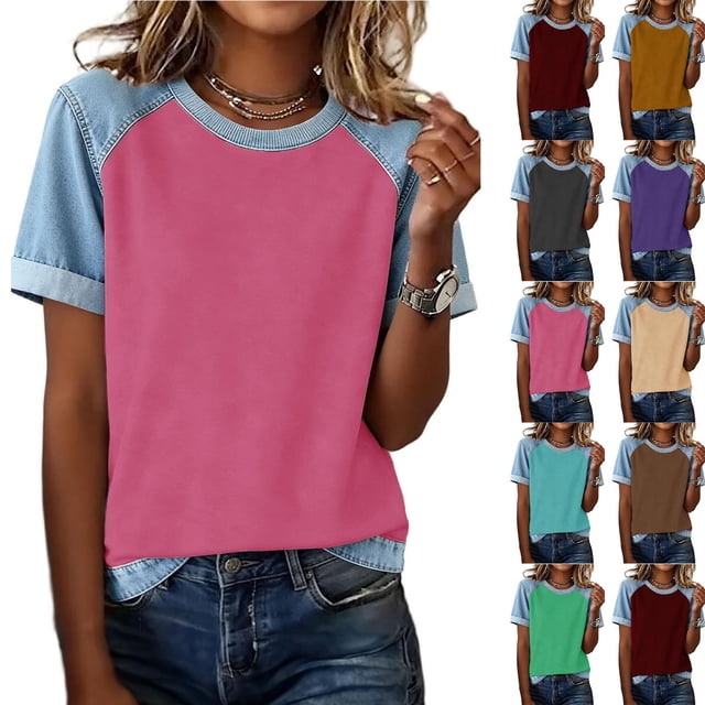 Sentmoon Chemises en Jean pour Femmes Hauts de Printemps pour Femmes Manches Courtes Col Rond Patchwork Coupe Régulière avec Imprimé Blouses Extensibles pour Femmes Tendance pour le Travail et le Bureau 3TG-5TG