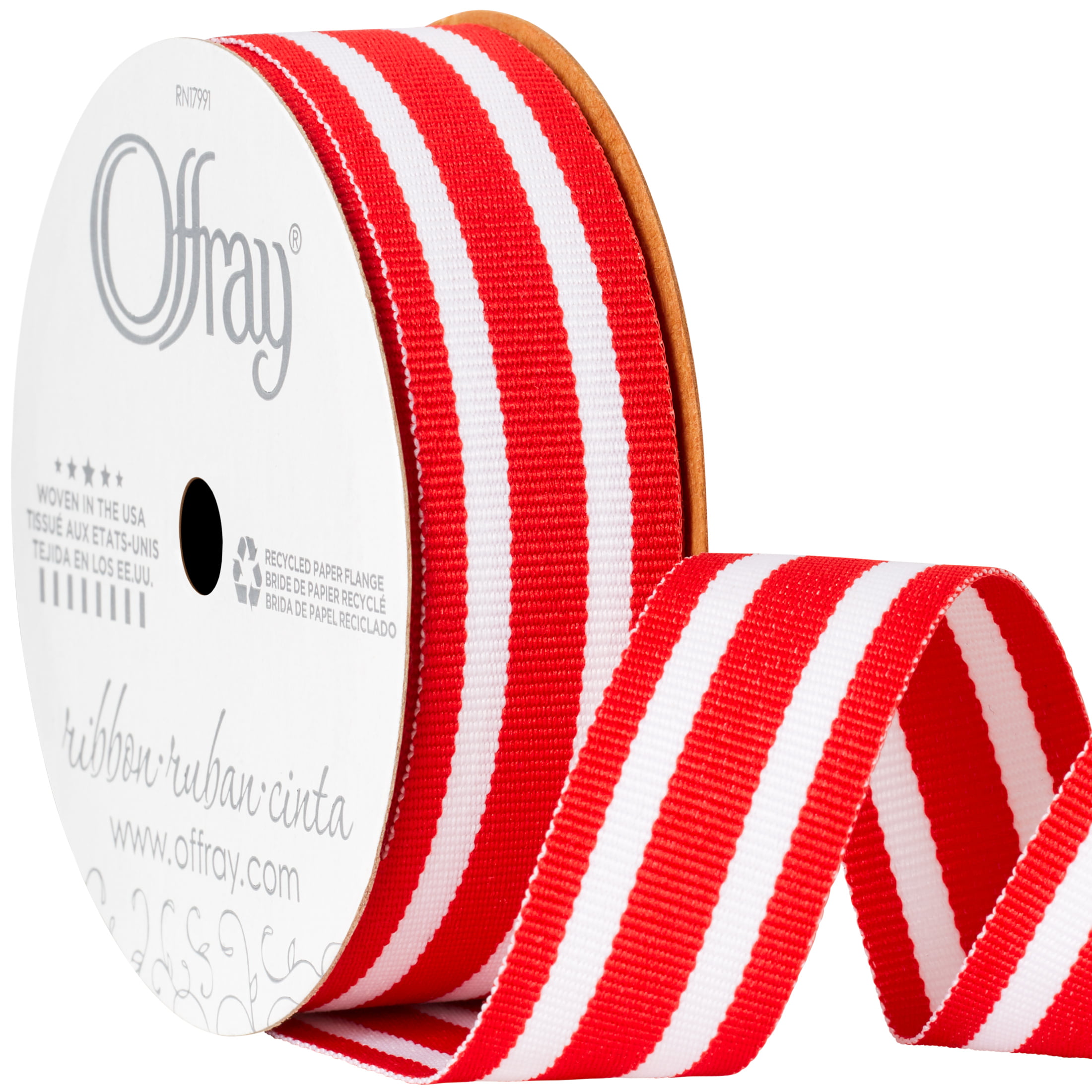Rainbow Stripe Ribbon in primary colors on 7/8 white grosgrain