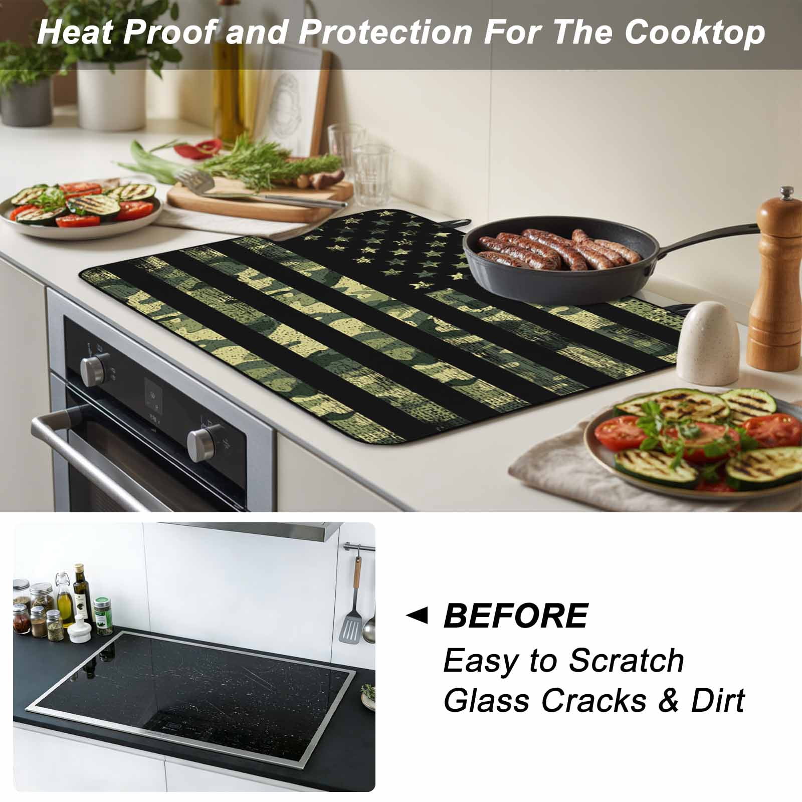 Green Camouflage American Flag Stove Top Cover for Electric Stove, Heat-proof & Non Slip Glass Top Stove Cover Protector, Wooden Grain Kitchen Flat Cooktop Rubber Mat 24x21 Inches