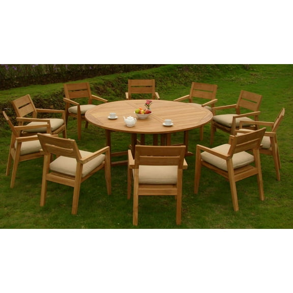 11 PC A Grade Outdoor Patio Teak Dining Set - 72" Round Table & 10 Cellore Stacking Arm Chairs