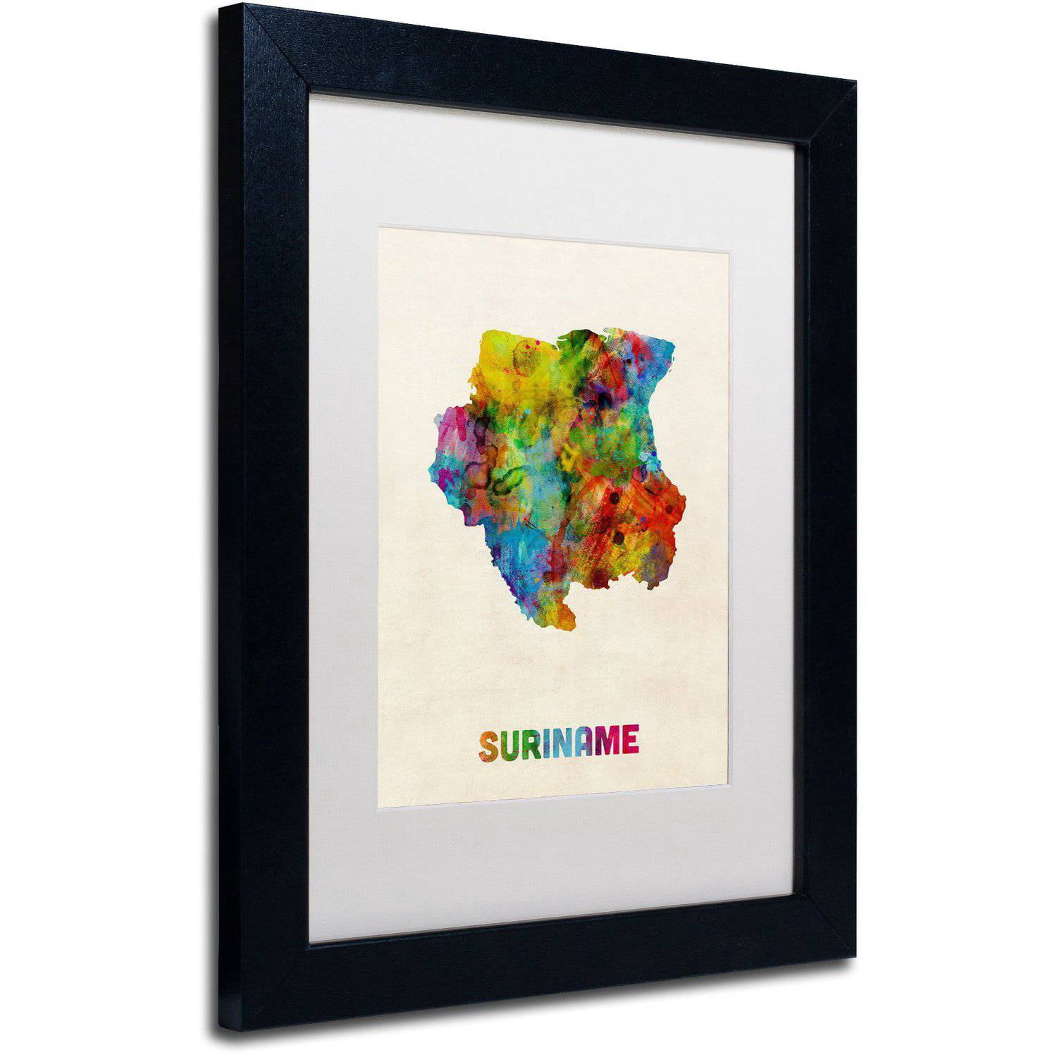 Trademark Fine Art "Suriname Watercolor Map" Canvas Art by Michael Tompsett White Matte, Black Frame