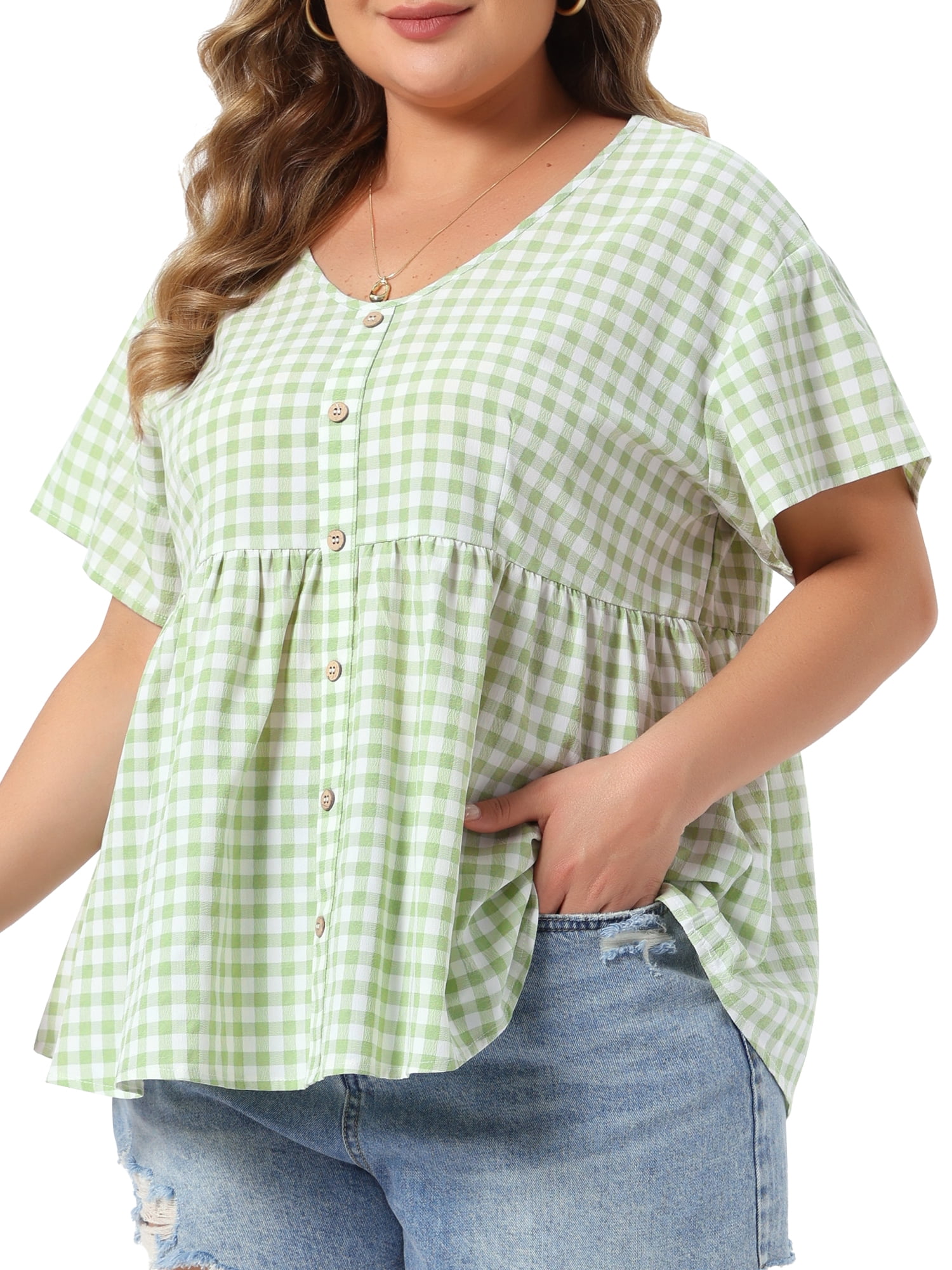 DARING DIVA Women's Plus Gingham Tops Plaid  V Neck Summer Babydoll Top 2X Light Green