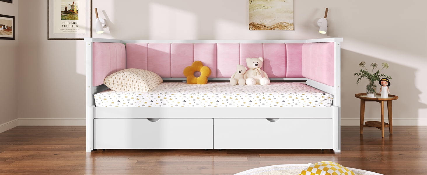 Mintazer Twin XL to King Daybed with Pink Upholstered Backrest & Storage Drawers, White