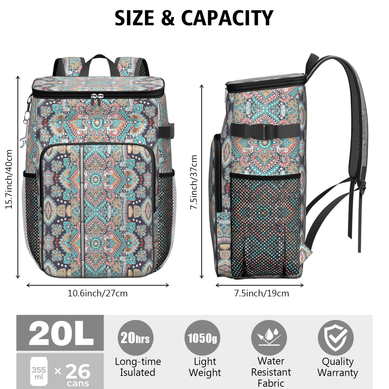 Travel Cooler Bag - Boho Bohemia Flower Camping Beer Cooler Backpack with Bottle Opener- Waterproof Insulated Picnic Backpacks - Cooler Bag for Beach
