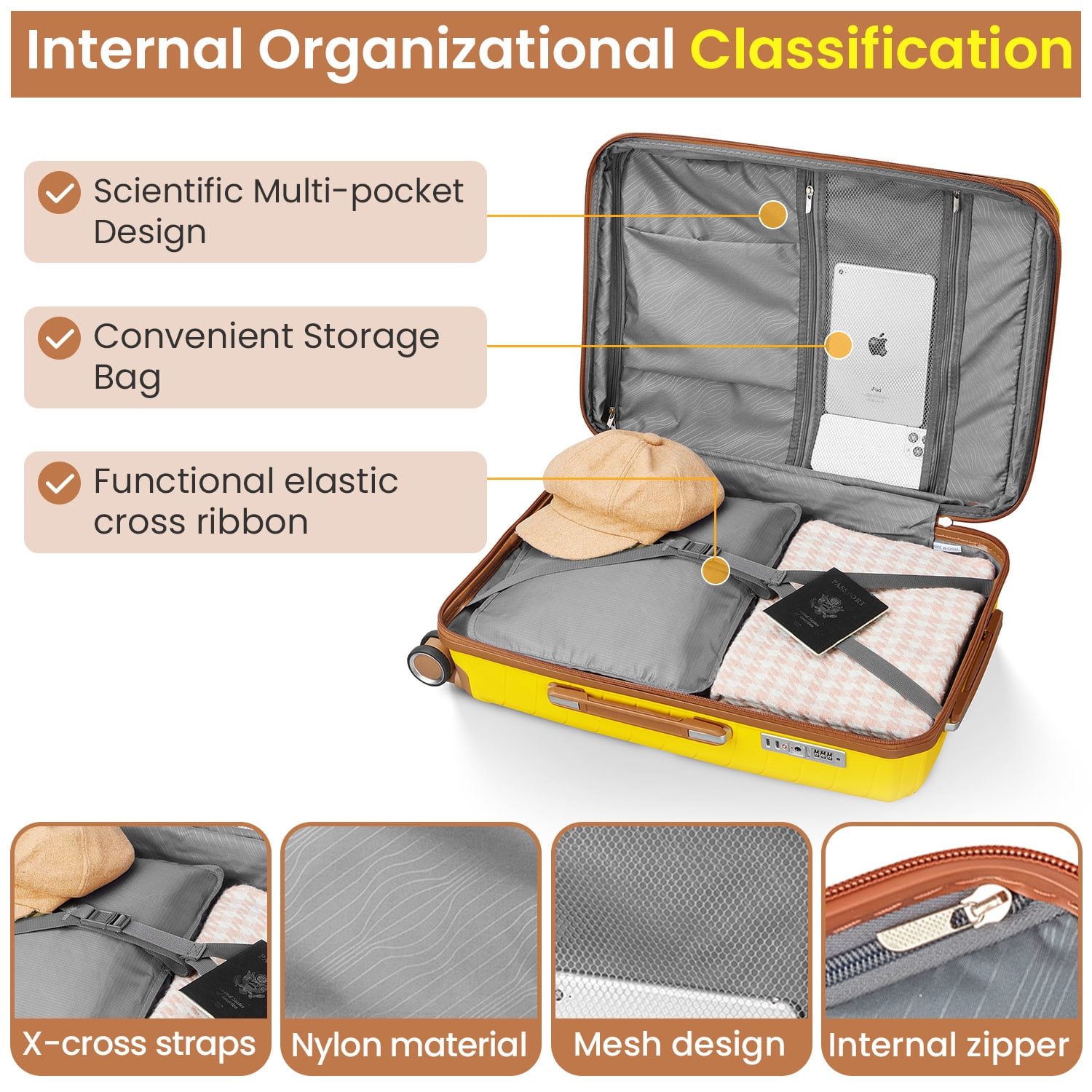 4 Piece Luggage Set, Expandable Lightweight Suitcase Set with 360° Double Spinner Wheels Integrated TSA Lock, Yellow (14/20/24/28)