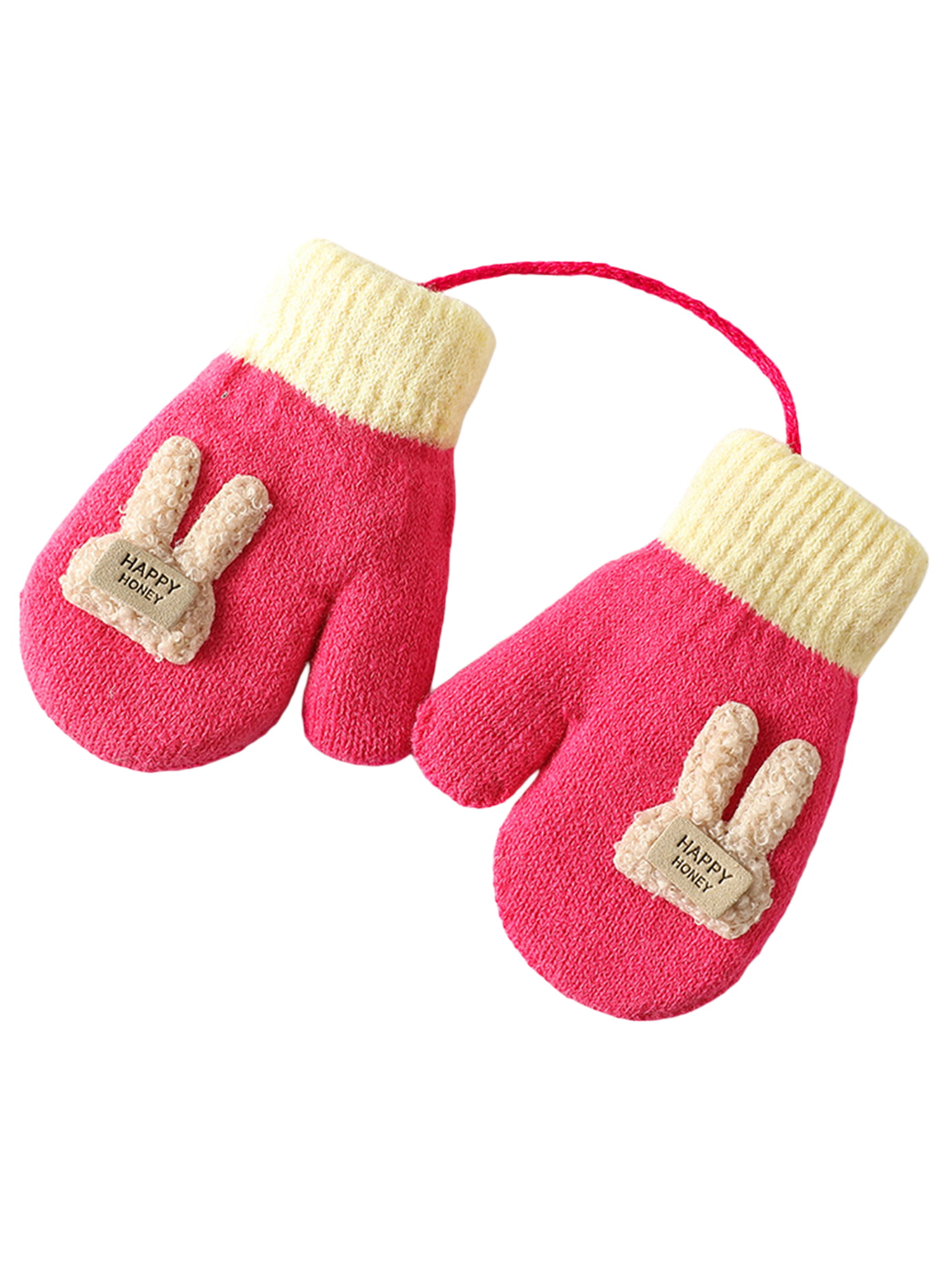 Boys Girls Knit Gloves Winter Plush-lined Cartoon Mittens Gloves with String