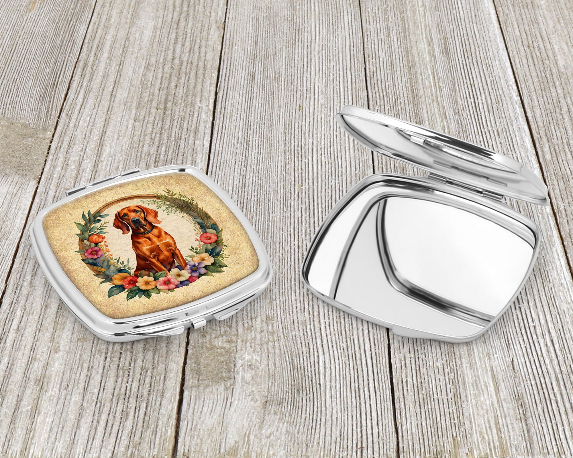 Redbone Coonhound and Flowers Compact Mirror 2.75 in x 3 in