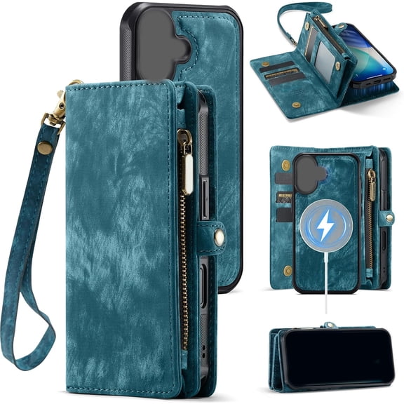 GJX Compatible with Iphone 17 Wallet Case with with Zipper&Card Holder Strap Wristlet Detachable Magnetic Protective Back Case for Iphone 17 5G 6.3" (Blue)