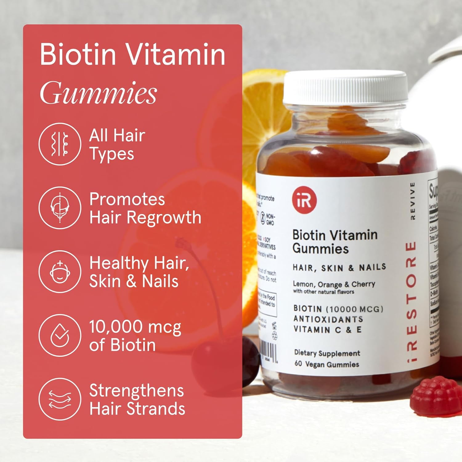 iRestore Biotin Gummies with Vitamins for Healthy Hair Skin and Nails | Nature's Fruit Flavor, Great Taste | Vegan Chewable Hair Growth Gummy for Women & Men | Non-GMO 10000 mcg