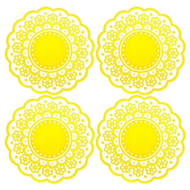 ColoMX 4 piezas lindo patrón de encaje hueco translúcido antideslizante con aislamiento redondo taza de silicona posavasos esteras almohadillas (amarillo)