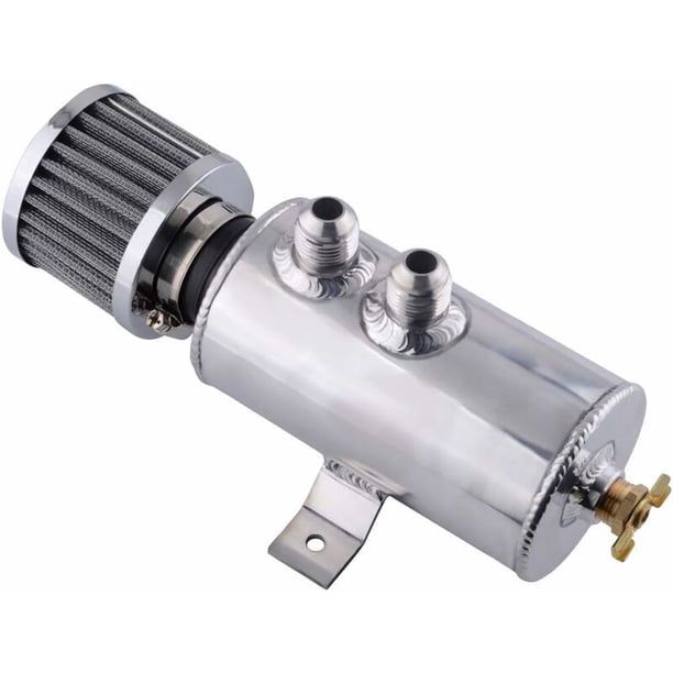 Colector de aceite de motor de automóvil, tanque separador de aceite de 750 ML y kit de colector de aceite de aluminio de aire Tanque de respiración de aceite con filtro de aire,Plata TUNC Sencillez