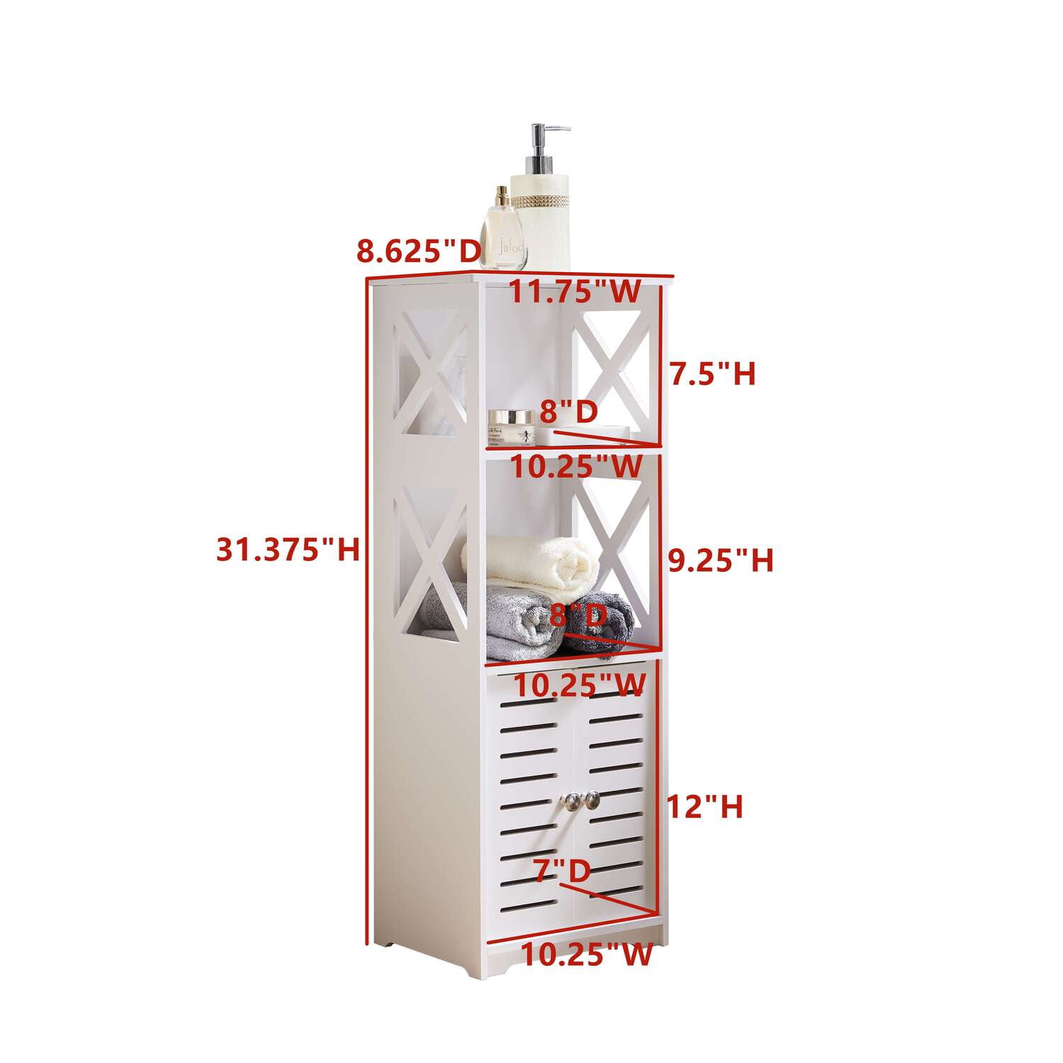 InRoom Furniture Bathroom Cabinet, White, 12x9x31 inches