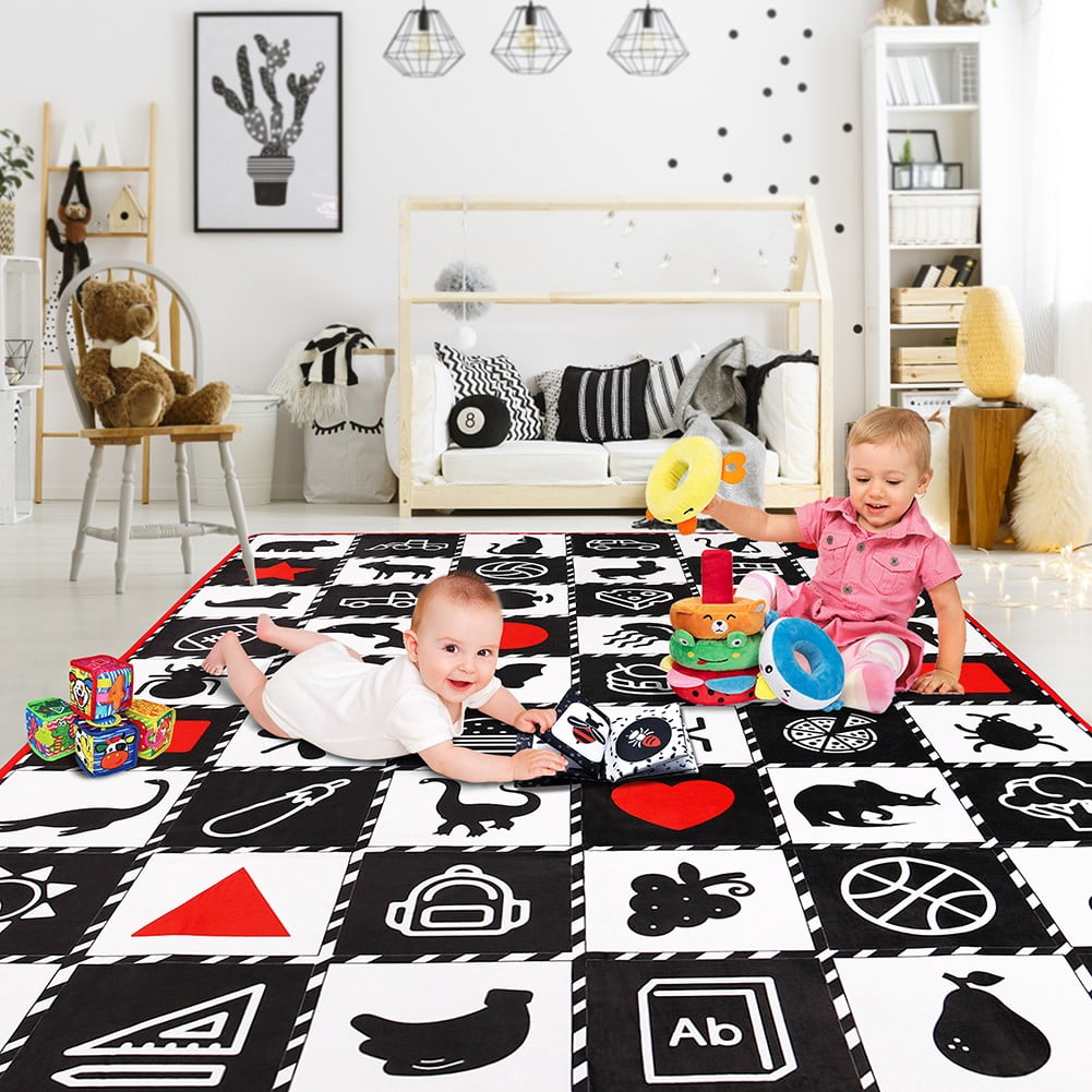 loivesh Baby Mat for Floor,Baby Tummy Time Mat- Black and White High Contrast Interactive Activities Mat,Baby Play Mats for Babies Newborn and Toddlers for Early Learning, Animal Fruits Shapes Vehicle