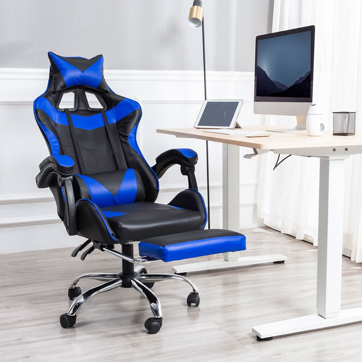 Gaming Chair with Adjustable Lumbar Pillow,Retractable Footrest and