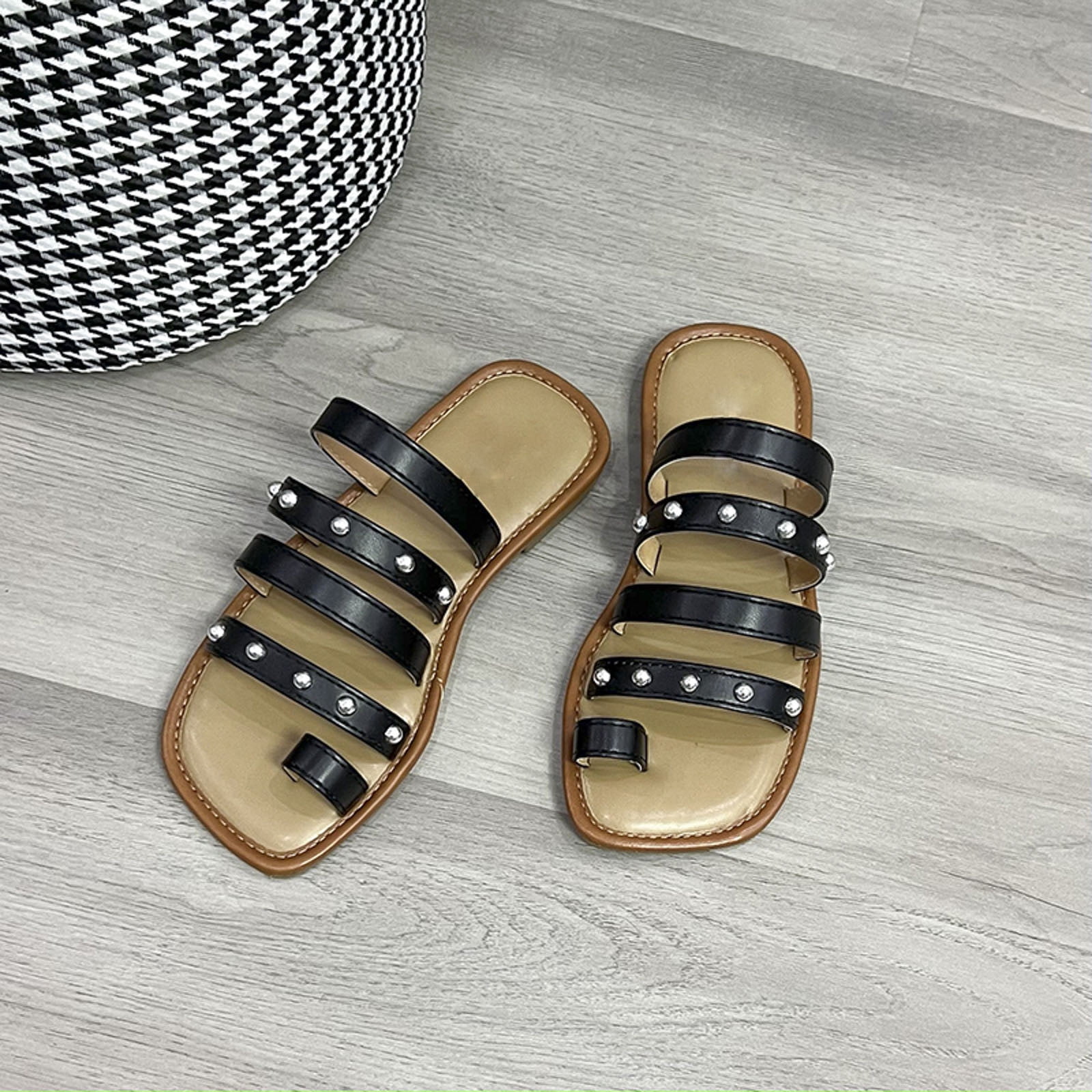 Women s Slipper Female Slipper Adult Womens Shoes Womens Slippers and Ladies Fashion Summer Solid Leather Fine Strap Combination Toe Flat Fuzzy Slippers for Women Tan Black 7.5 Walmart