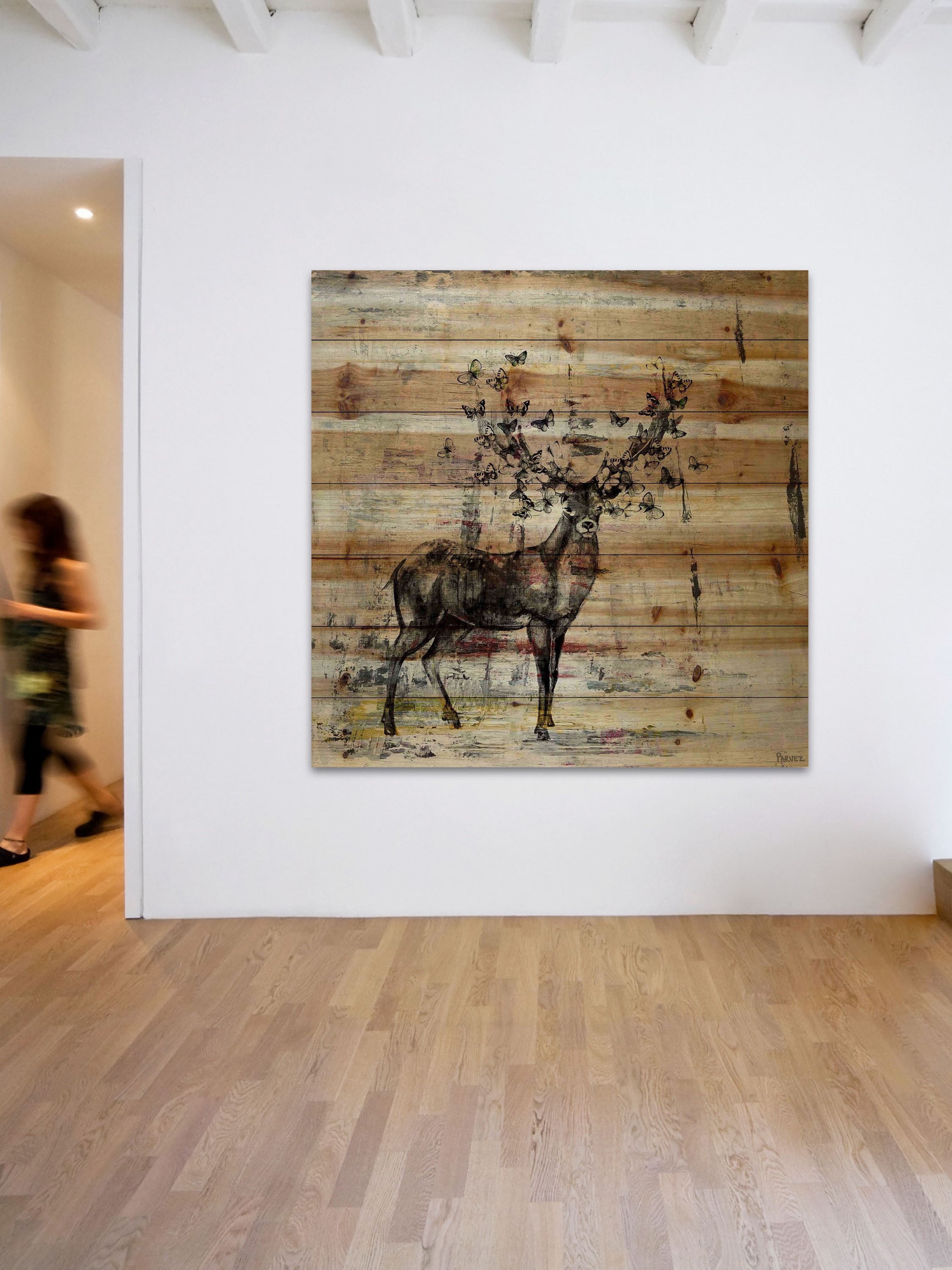 "Butterfly Antlers" Painting Print on Natural Pine Wood