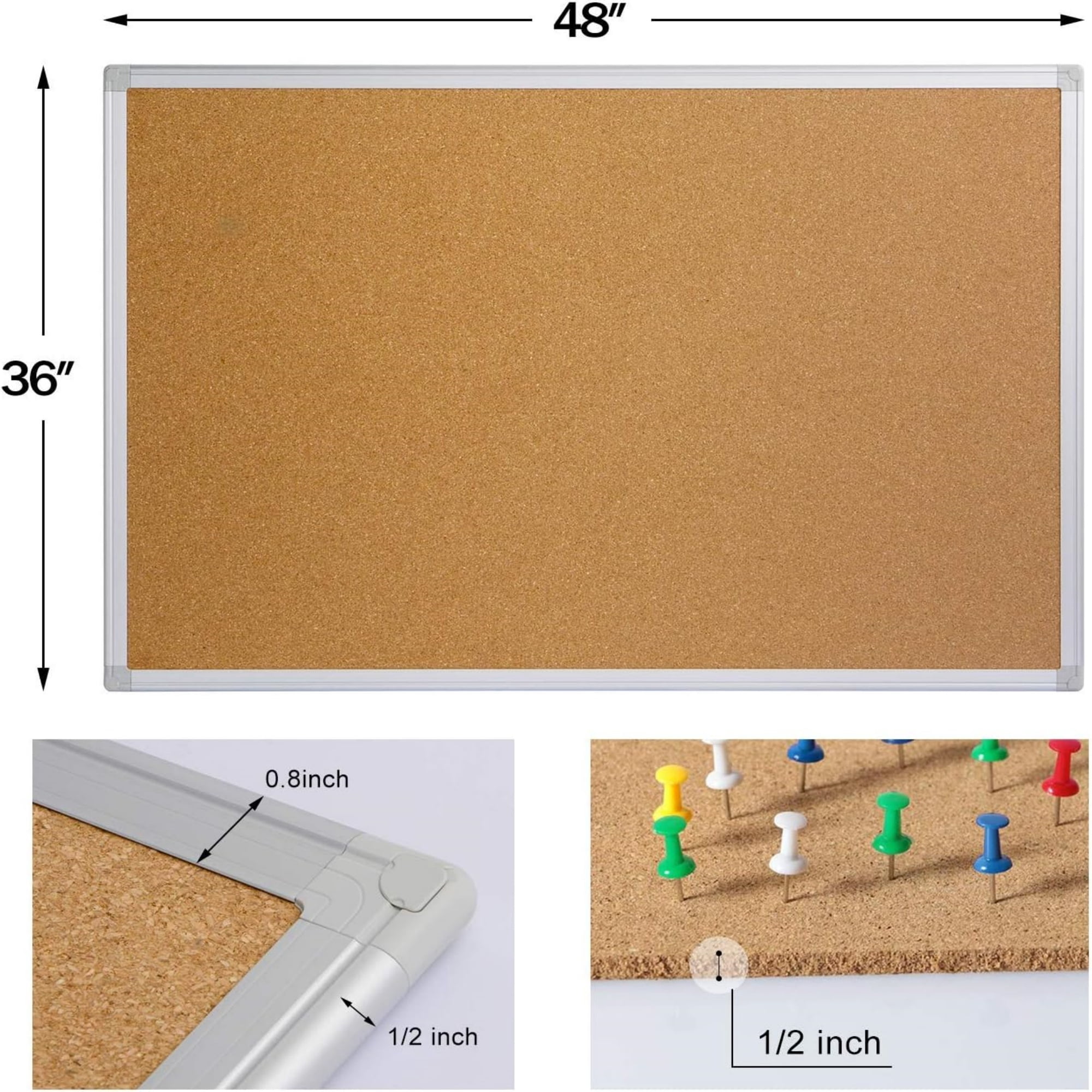 48" x 36" Cork Bulletin Board Aluminum Frame with 15 Pushpins, Wall and Office Decor for School, Home & Office,Silver