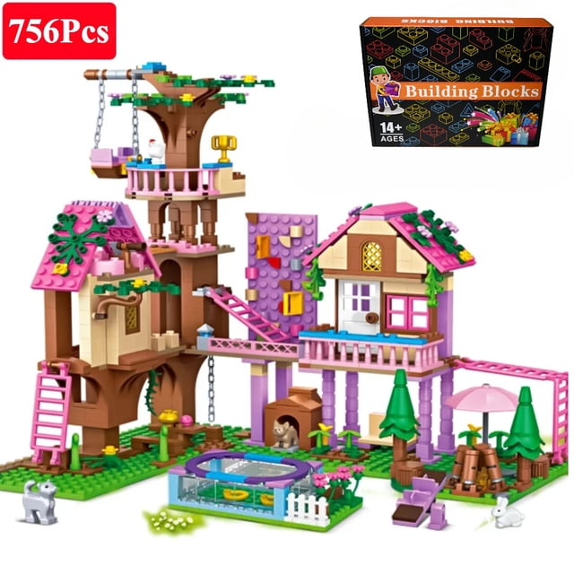 City Tree House Summer Villa Building Blocks Set, Garden Castle with Swimming Pool & Mini Figures, DIY Street View Model Toy, Birthday Holiday Gift for Kids