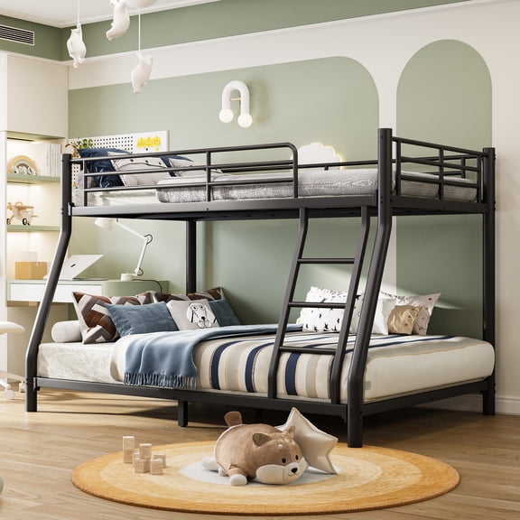 Netrum Twin over Full Metal Low Bunk Bed with Stairs, Safety Rail & Steel Slats, Space-Saving Heavy Duty Bed Frame for Adults & Teens, No Box Spring Needed, Black