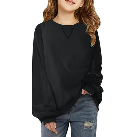 LYHaoo Girls Casual Oversized Crew Neck Sweatshirt Comfy Pullover For Everyday Wear Hooded Sweatshirt Sizes 9-10 Years Black