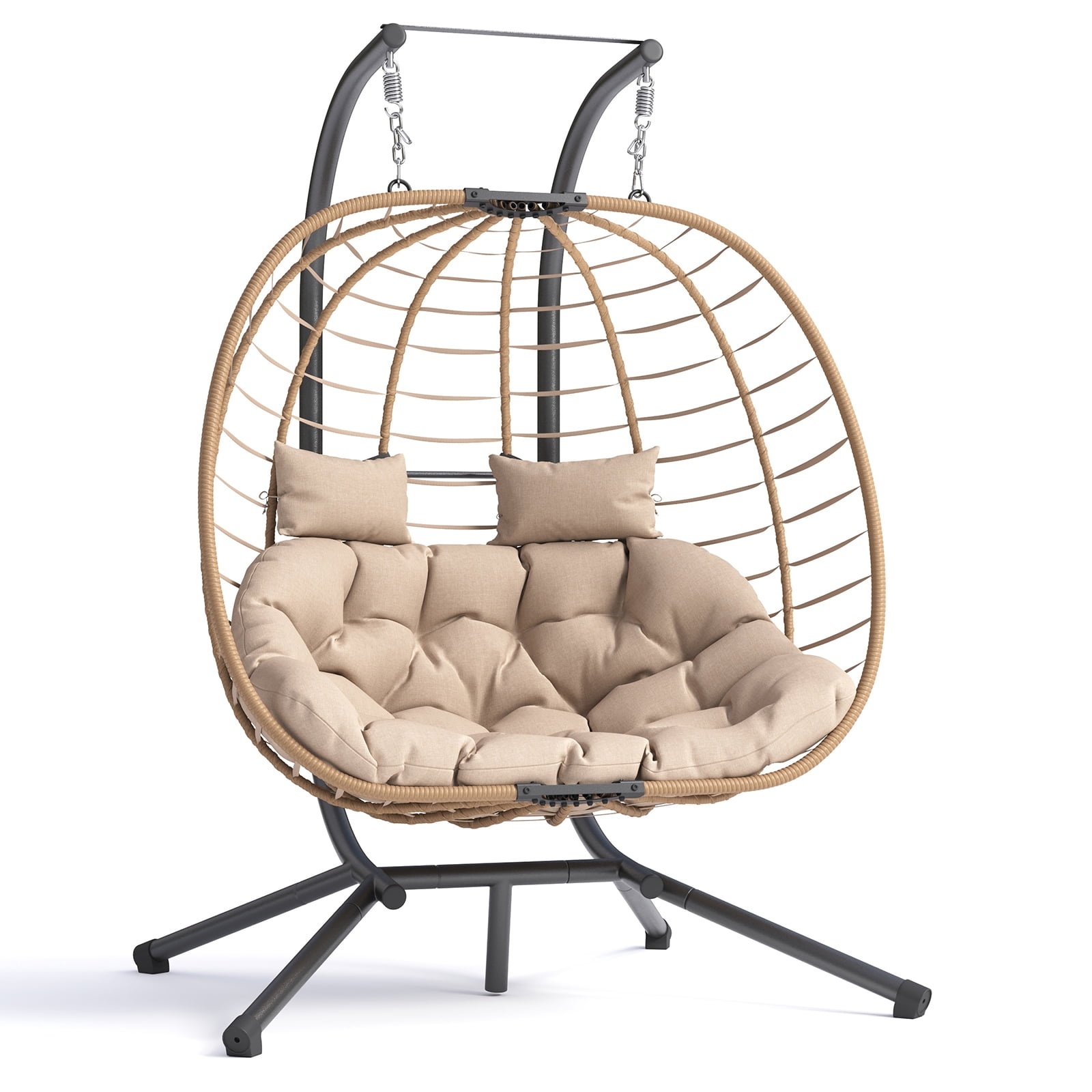 ELPOSUN Double Wicker Swing Egg Chair 2 Person Foldable Hanging Egg Chair with Stand, Porch Swing Loveseat for Patio, Balcony, Porch, Indoor，Outdoor, Beige