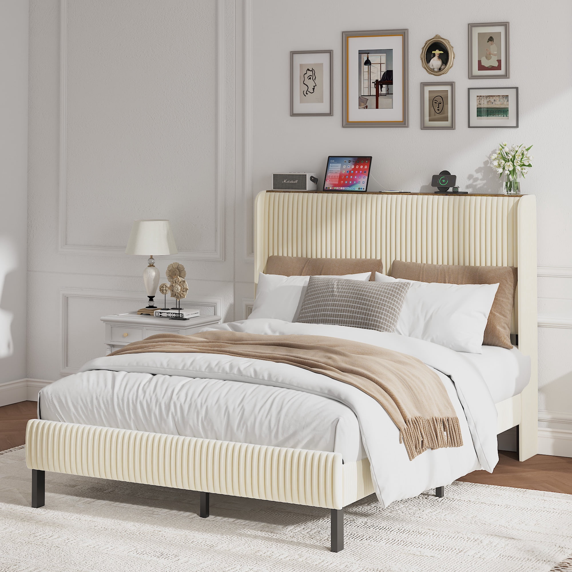 PORKISS Full Bed Frame with Storage Headboard, LED Lights & USB/Type-C Charging Station, Cream White Upholstered Platform Bed Frame, Heavy-Duty Metal Slats, No Box Spring Needed