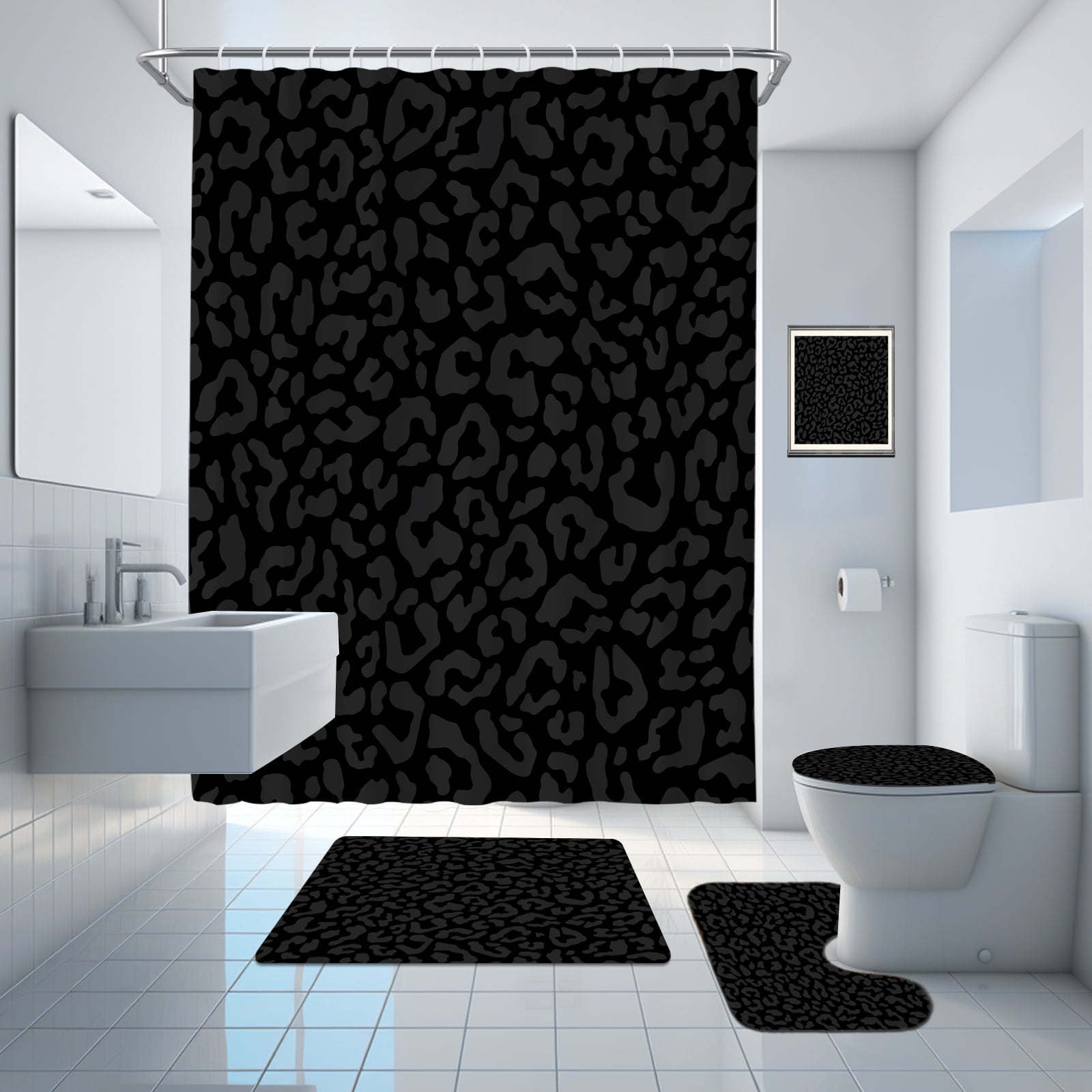 Hadint 4Pcs Black Leopard Print Pattern Shower Curtain Set, Shower Curtain and Rug Set, 12 Pcs Hooks, 71in x 71in