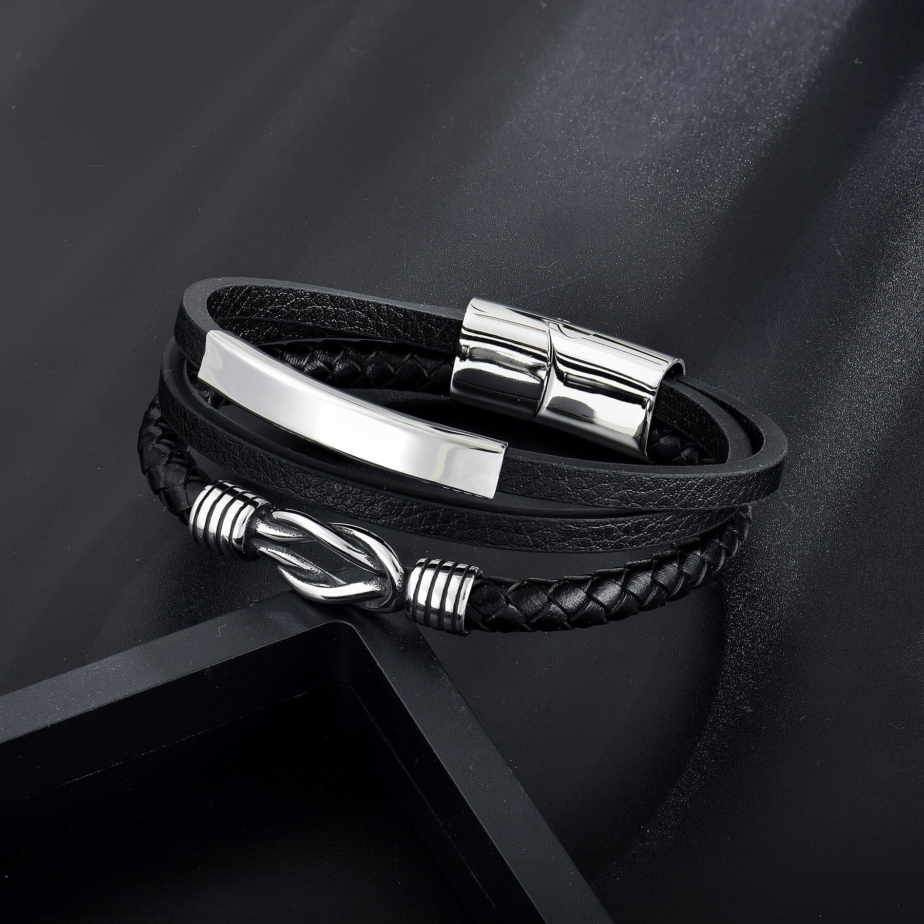 Inpasne Men's Leather Bracelet Braided Wristband Bangle Stainless Steel Bracelet Jewelry Gifts for Men Husband Dad