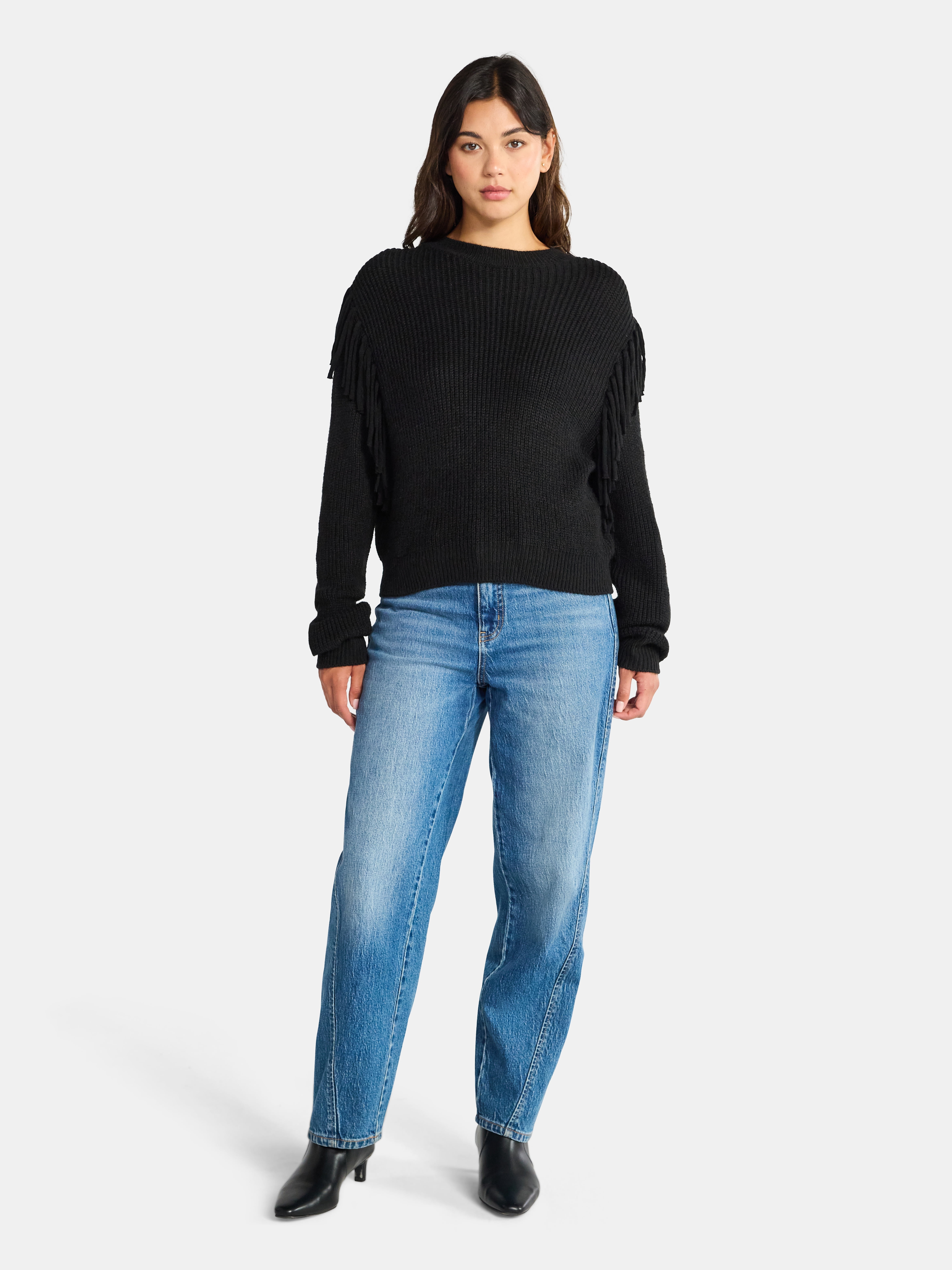 Time and Tru Women's Fringe Pullover Sweater, Midweight, Sizes XS-XXXL