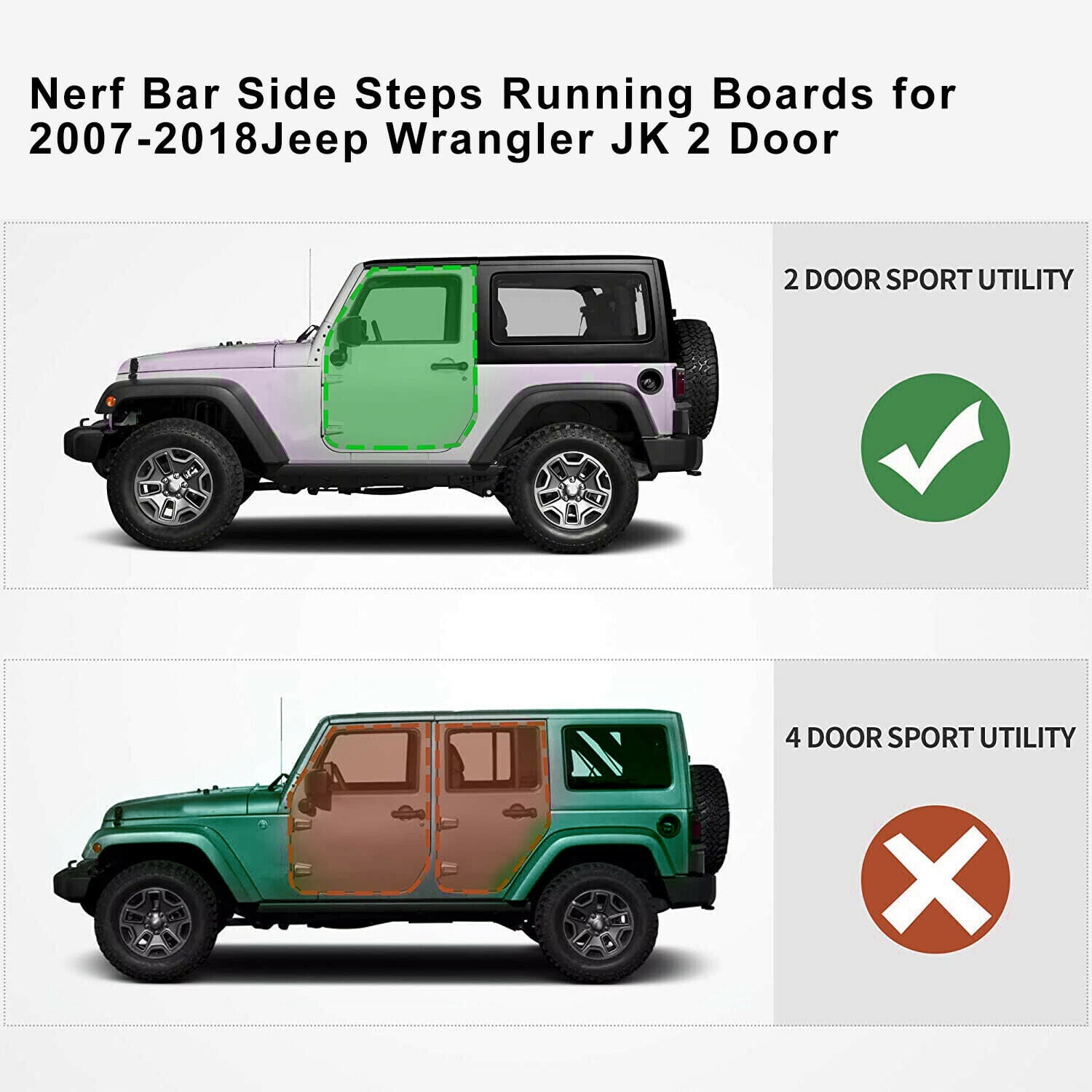 Kojem Side Step Nerf Bar Fit for 2007-2018 Jeep Wrangler JK Running Board Rock Slider Rail 2-Door Armor Guard