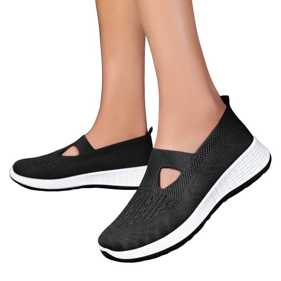 Rokment Women's Comfortable Memory Foam Orthopedic Wedge Walking Shoes Spring Fall Casual Knitted Platform Low Heel Slip-On Nursing Tennis Driving Sneakers with Arch Support Black Size 6