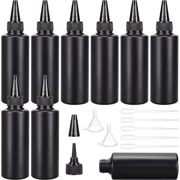 16 botellas exprimibles de plástico negro de 5 oz para dispensar condimentos con 2 embudos y 10 pipetas de transferencia.
