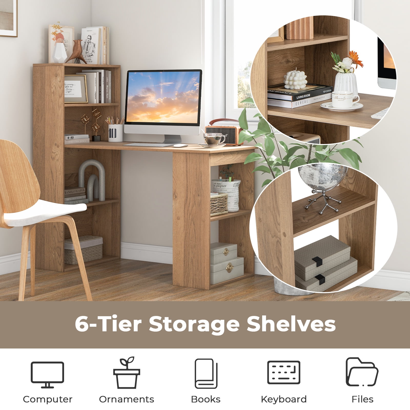 Topbuy 48 Inch Computer Desk with Bookshelf 3-in-1 Home office Desk with 4-Tier Bookcase & CPU Stand Space-saving Reversible Writing Desk Natural