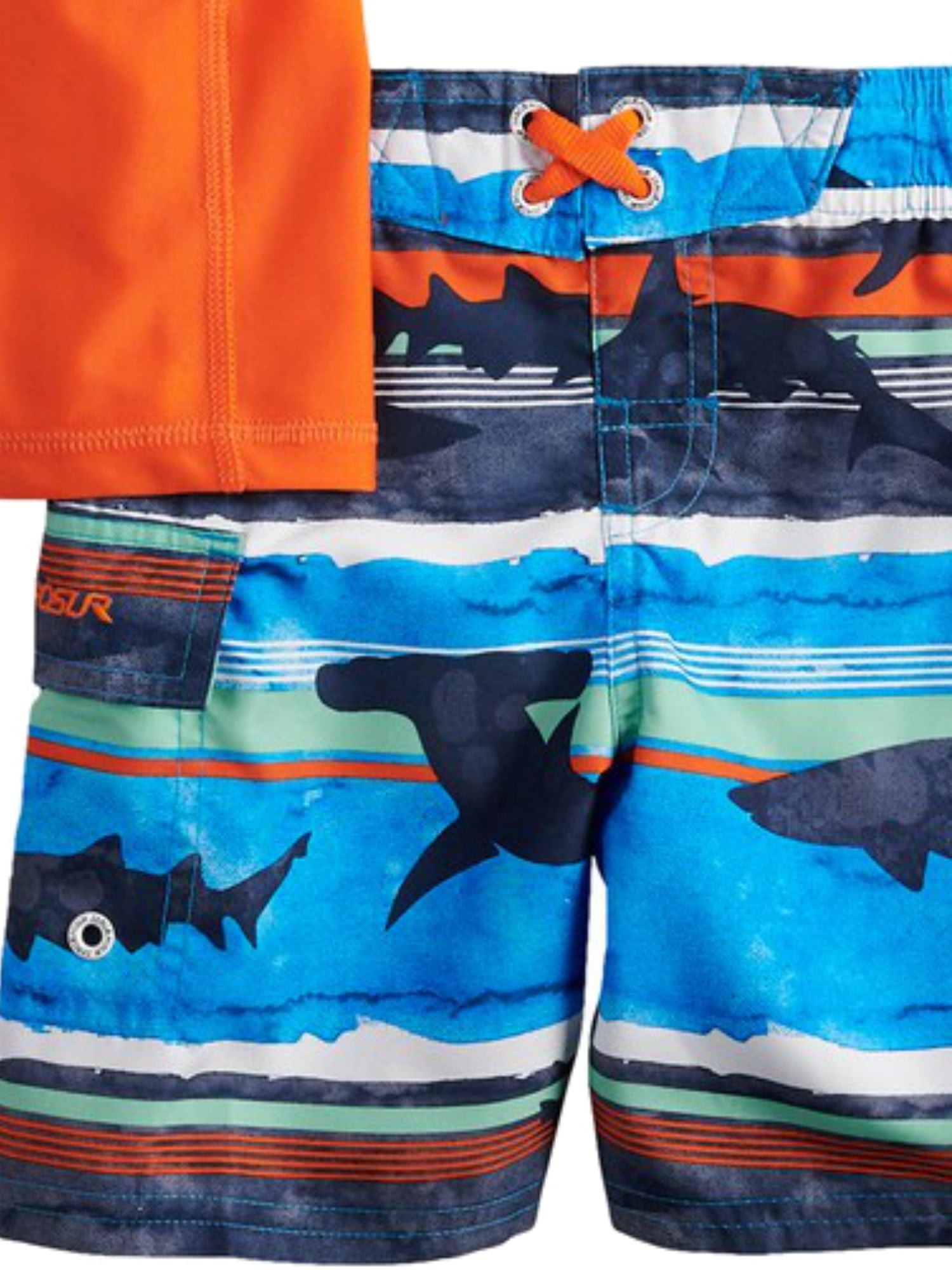 ZeroXposur Toddler Boys Orange & Blue Shark Rash Guard Shirt & Swim Trunks  2T