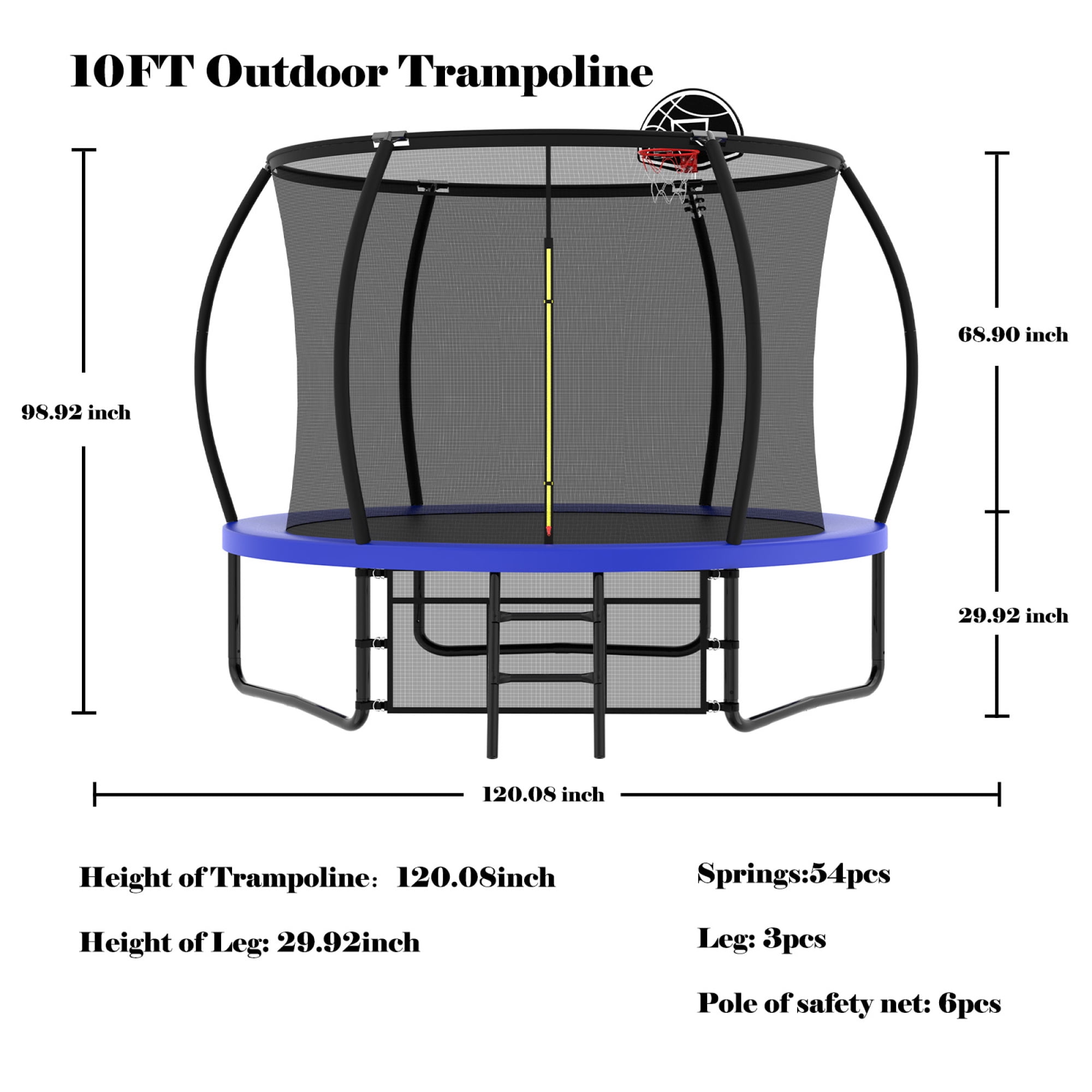 Leumius 10FT Trampoline with Enclosure Net,Heavy Duty Yard Pumpkin Trampolines with Ladder,Outdoor Recreational Trampolines for Kids and Adults,Blue