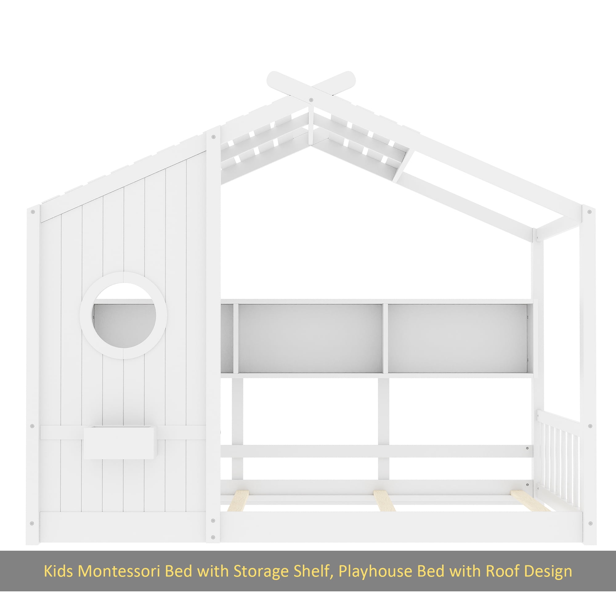 Twin Size Floor House Bed for Toddler, Kids Montessori Bed with Storage Shelf, Playhouse Bed with Roof Design, White