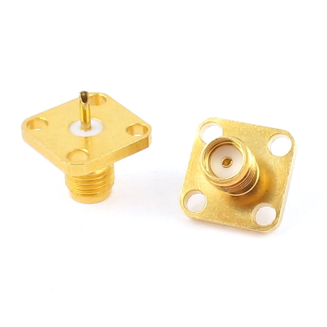 2 Pcs Adaptateur de Connecteur à Souder SMA Femelle à 4 Trous pour Montage sur Panneau. Doté d'Une Conception de type Carré Droit avec 4 Trous de Montage, Convient pour Connecter des Câbles Coaxiaux dans des Équipements de Radiofréquence et des instruments à tube Électronique. Fabriqué en Métal Ton Or avec un Diamètre de Filetage de 6 mm et des dimensions de 15 x 12 x 12 mm (L x L x H). l'Emballage Comprend 2 Connecteurs.