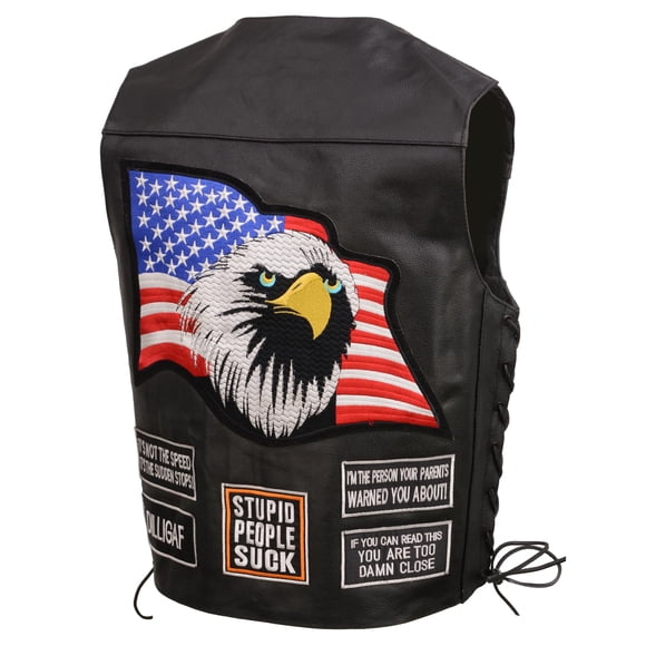 EVENT LEATHER - Mens Eagle Flag Pre-Patched (8 total Patches) Side Lace Leather Vest (3X-Large)