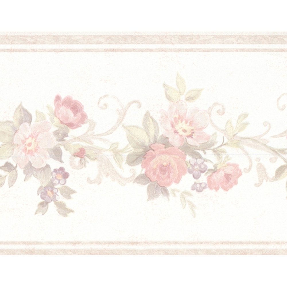 Prepasted Wallpaper Border - Floral Beige, Pink Blooming Roses on Vine