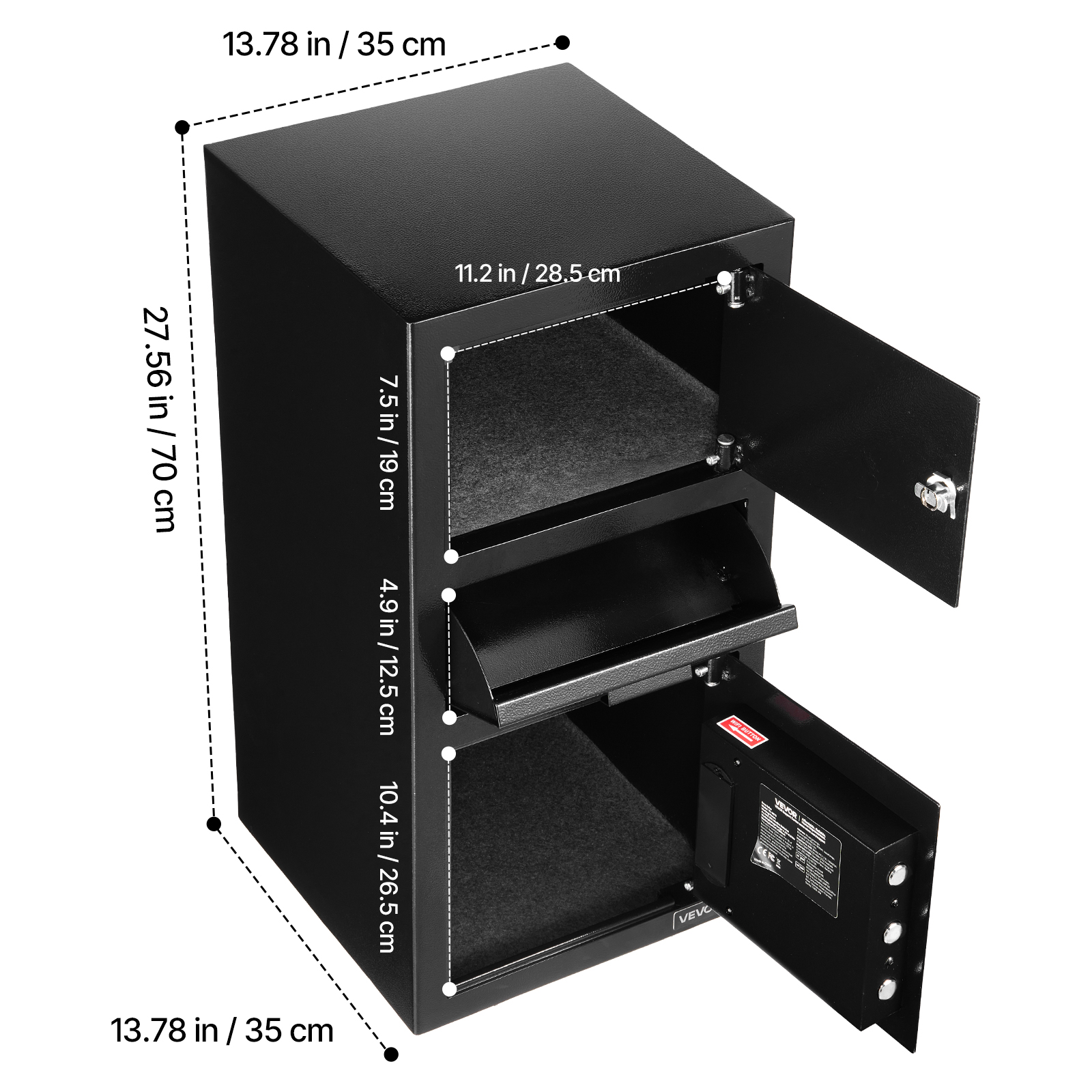 VEVOR 3.6 Cubic Feet Drop Safe,Large Capacity Front Drop Slot Safe Box with Digital Keypad, Heavy Duty 3 Tiers Cash Depository Box with Spare Keys for Cash, Bank Slip, Jewelry, Document, Bill, Black