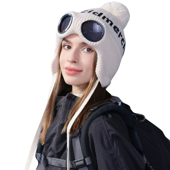 Tao Tao Women Winter Beanie Hat Knitted Goggles Stylish Warm Outdoor Sports Cap Pompoms Peruvian Ski Snow Ear Flaps Knit Hats Beige Free Size