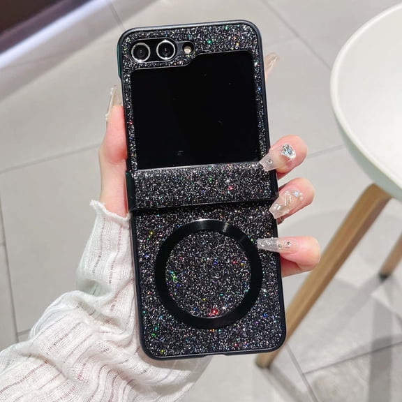 for Samsung Galaxy Z Flip 7 Case for Girls & Women, Luxury Bling Glitter Sparkly Protective Cover with Hinge Protection Magnetic Shockproof Stylish Slim Fit Lightweight Phone Case, Black