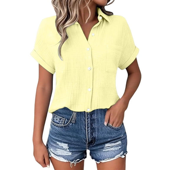 Alun Womens Texture Lightweight Breathable Tops Button down Dress Shirts Casual Short Sleeve Collared Summer Work Blouse with Pocket Soft Comfort for Daily Wear 2-Yellow XL