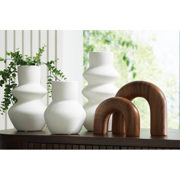 Signature Design by Ashley Carterworth 5-Piece Decorative Accessory Set, Modern Ceramic Vases and Sculptures, White and Faux Wood