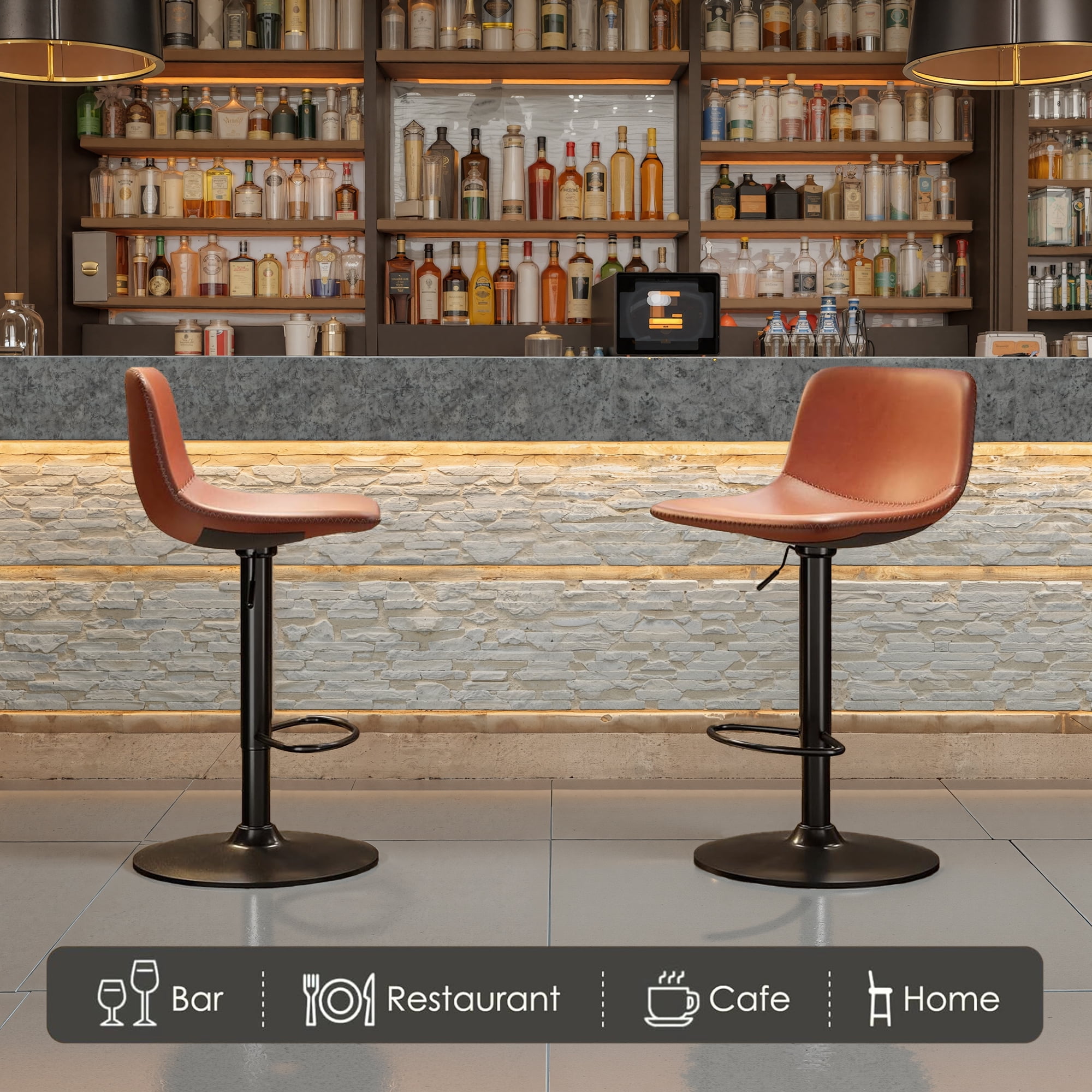 MAYEERTY 2-Set Whiskey Brown Modern Swivel Bar Stools with Back Support for Kitchen Island, Adjustable Height