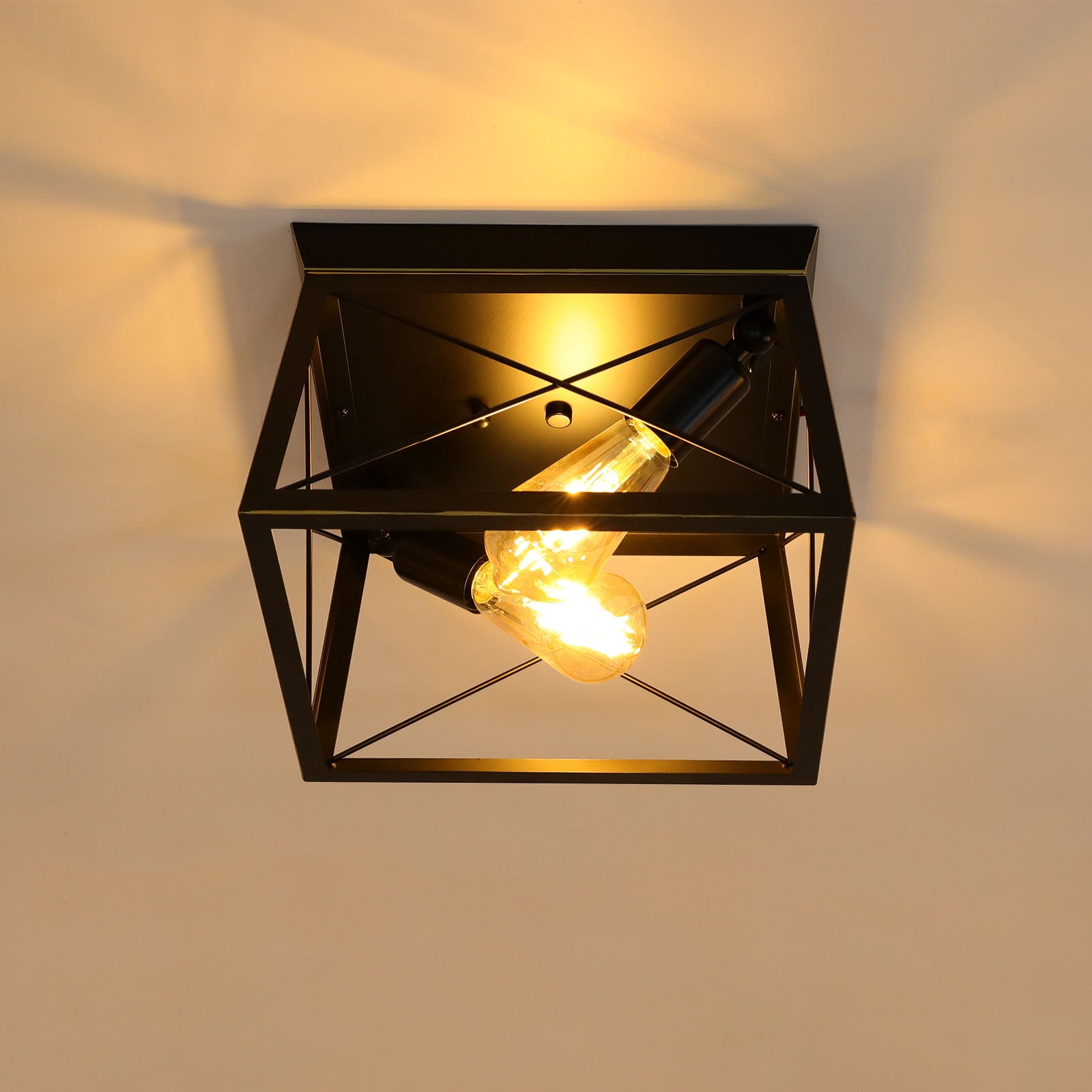Industrial Flush Mount Ceiling Light Fixture, Ceiling Light 2-Light Close to Ceiling Lamp Metal Housing Farmhouse Square Flush Light Fixture for Hallway Bedroom