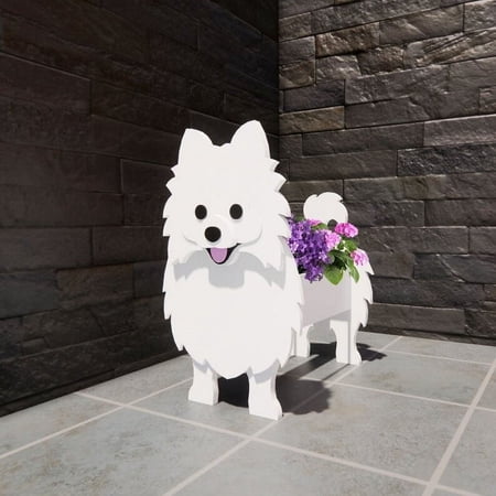 White Pomeranian Dog Planter Plant Pots,Cute Large Dog Flower Planter,Gifts for Pet Lovers,Unique Animal Plant Pots,Office,Indoor Outdoor Garden Décor ( M: 34 cm H * 24 cm L * 18 cm W )