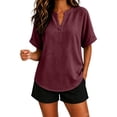 thumbnail image 3 of Oversized Tshirts for Women Casual Linen Cotton V Neck Short Sleeve Tops Loose Comfy Red Summer Tops for Women, 3 of 9