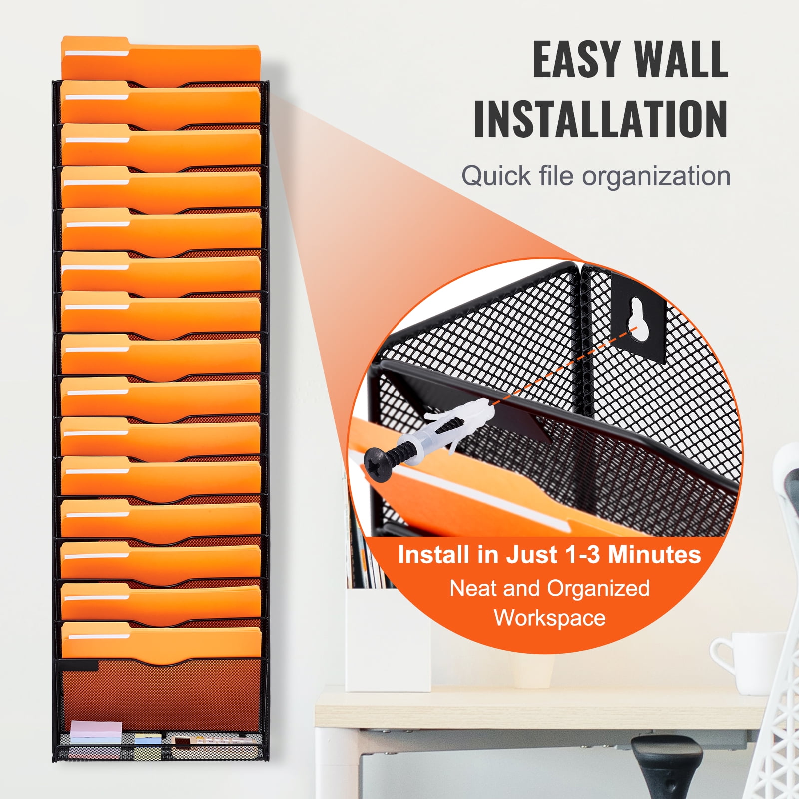 KFFKFFWall File Rack, 16-Slot Single Piece Mesh Organizer, Wall-Hanging Magazine, Mail, Paper & Document Holder, Metal Storage with Label Tags, Ideal for Office, Home & School Use
